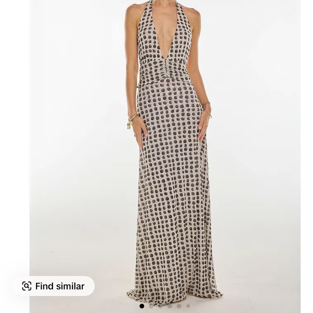 Sleeveless Halter Maxi Dress in white with gray Dot Print